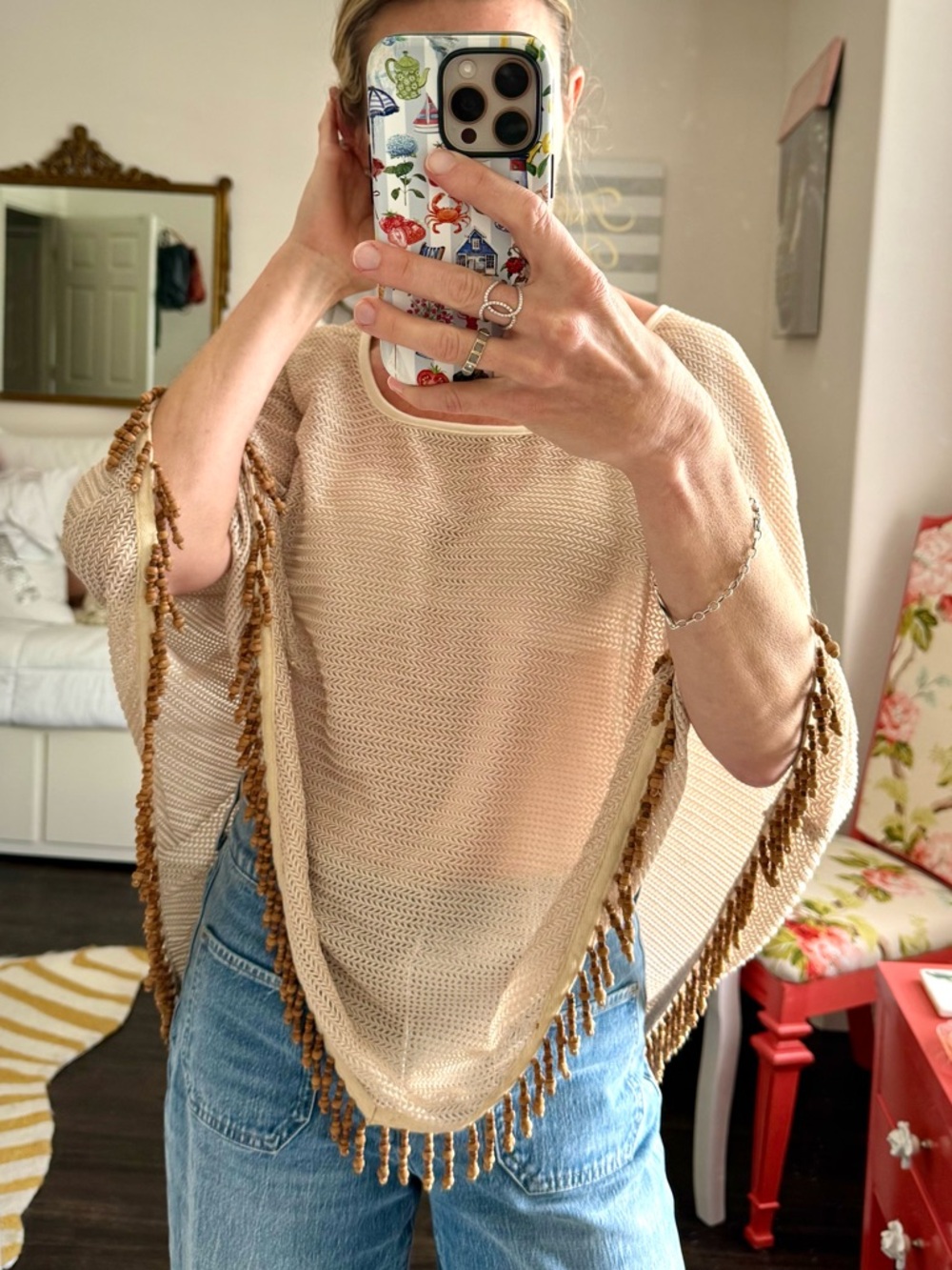 Boho Festival Concert Summer Fringe Ponco Beige Crochet Knit Beach Chic